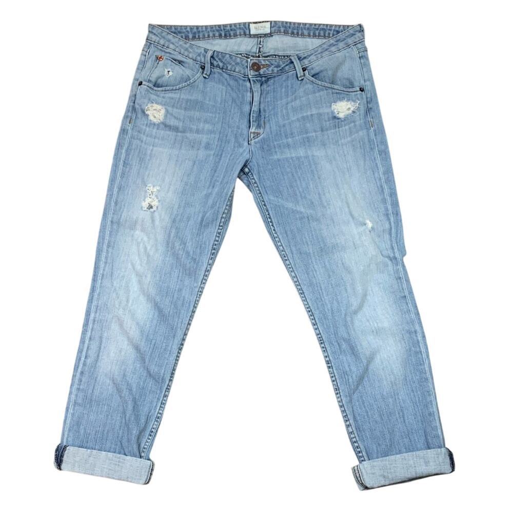 Hudson Bacara Crop Straight Cuffed Back Flap Pocket Distressed Light Wash Jeans